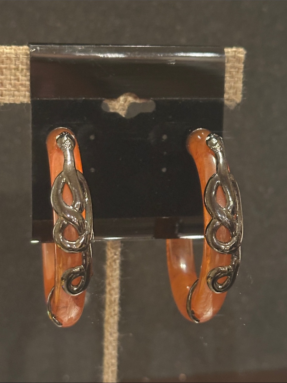 Brown Resin Hoop Earrings with Silver Snake Accent